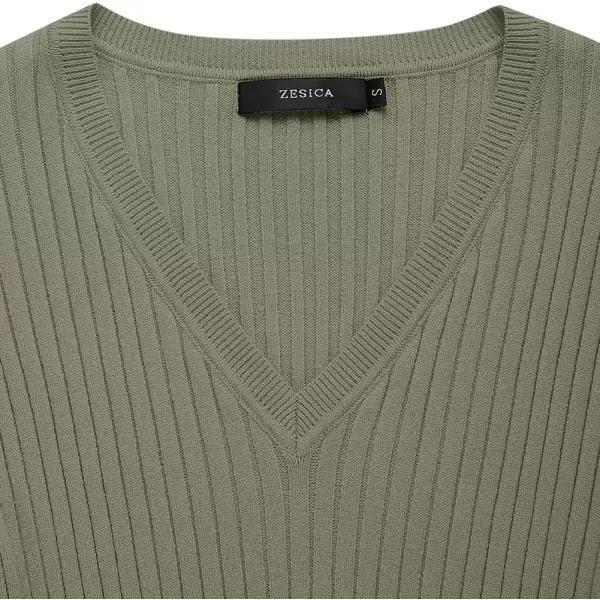 ZESICA Womens 2024 Fall Sweater Dress V Neck Long Sleeve Ribbed Knit Tie Waist Slim Fit Bodycon Midi DressesArmygreen