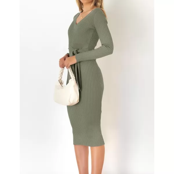 ZESICA Womens 2024 Fall Sweater Dress V Neck Long Sleeve Ribbed Knit Tie Waist Slim Fit Bodycon Midi DressesArmygreen