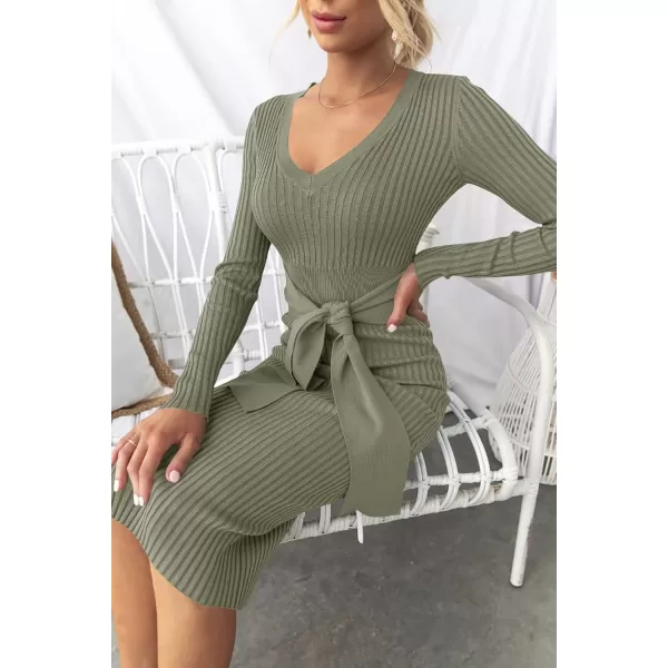 ZESICA Womens 2024 Fall Sweater Dress V Neck Long Sleeve Ribbed Knit Tie Waist Slim Fit Bodycon Midi DressesArmygreen