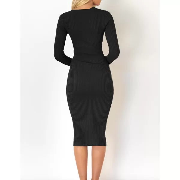ZESICA Womens 2024 Fall Sweater Dress V Neck Long Sleeve Ribbed Knit Tie Waist Slim Fit Bodycon Midi DressesBlack