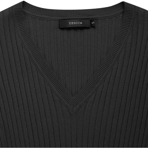 ZESICA Womens 2024 Fall Sweater Dress V Neck Long Sleeve Ribbed Knit Tie Waist Slim Fit Bodycon Midi DressesBlack