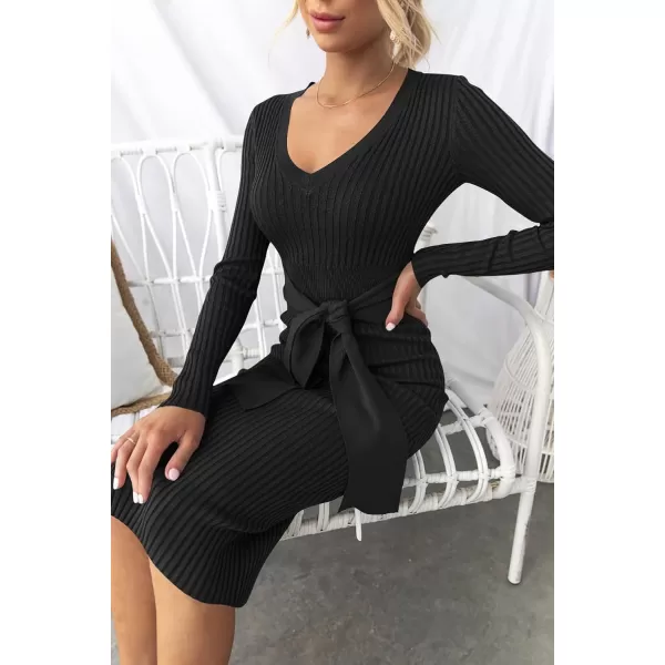 ZESICA Womens 2024 Fall Sweater Dress V Neck Long Sleeve Ribbed Knit Tie Waist Slim Fit Bodycon Midi DressesBlack