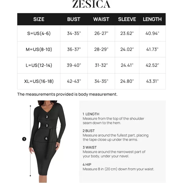 ZESICA Womens 2024 Fall Sweater Dress V Neck Long Sleeve Ribbed Knit Tie Waist Slim Fit Bodycon Midi DressesBlack