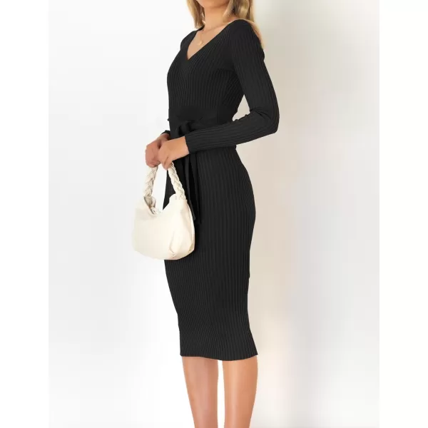 ZESICA Womens 2024 Fall Sweater Dress V Neck Long Sleeve Ribbed Knit Tie Waist Slim Fit Bodycon Midi DressesBlack