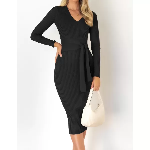 ZESICA Womens 2024 Fall Sweater Dress V Neck Long Sleeve Ribbed Knit Tie Waist Slim Fit Bodycon Midi DressesBlack