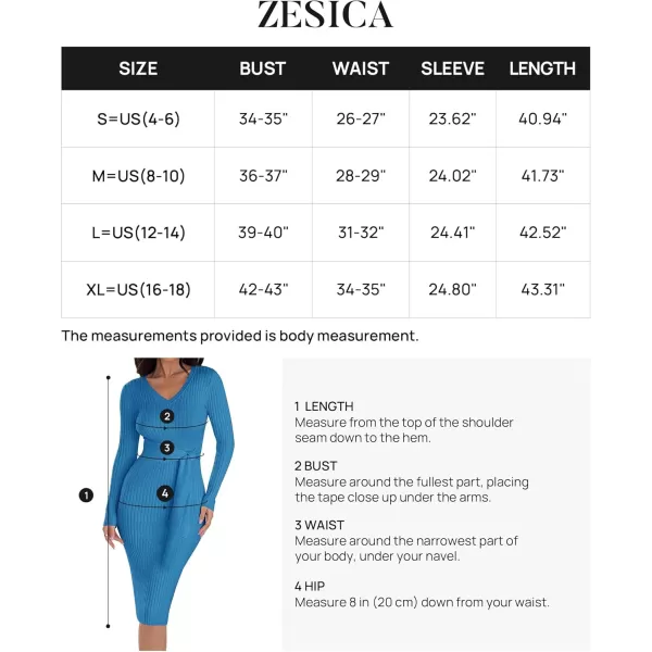 ZESICA Womens 2024 Fall Sweater Dress V Neck Long Sleeve Ribbed Knit Tie Waist Slim Fit Bodycon Midi DressesCobaltblue