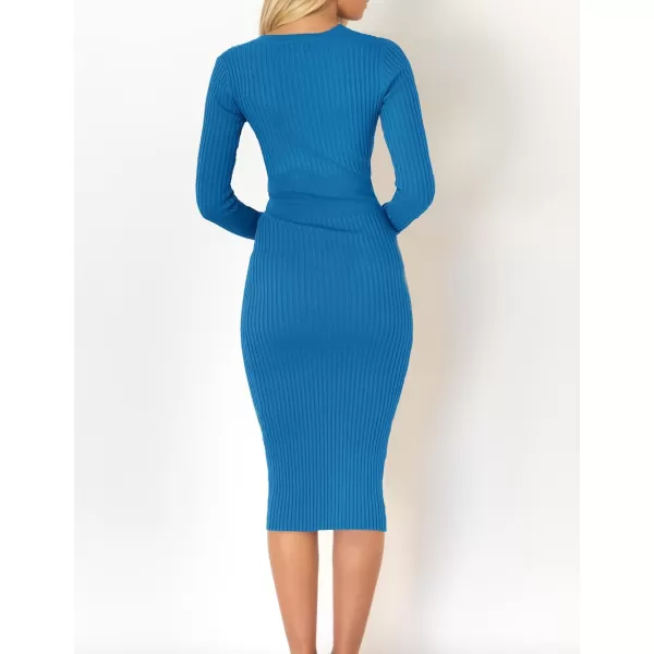 ZESICA Womens 2024 Fall Sweater Dress V Neck Long Sleeve Ribbed Knit Tie Waist Slim Fit Bodycon Midi DressesCobaltblue