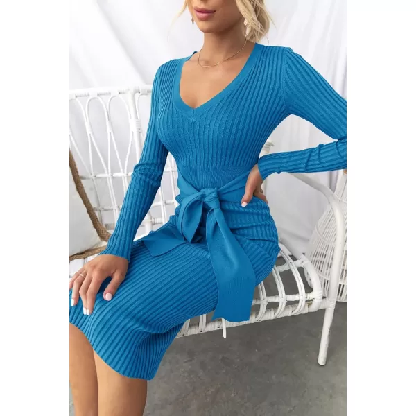 ZESICA Womens 2024 Fall Sweater Dress V Neck Long Sleeve Ribbed Knit Tie Waist Slim Fit Bodycon Midi DressesCobaltblue