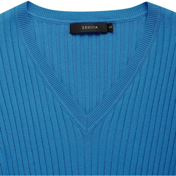 ZESICA Womens 2024 Fall Sweater Dress V Neck Long Sleeve Ribbed Knit Tie Waist Slim Fit Bodycon Midi DressesCobaltblue