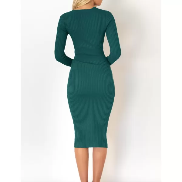 ZESICA Womens 2024 Fall Sweater Dress V Neck Long Sleeve Ribbed Knit Tie Waist Slim Fit Bodycon Midi DressesDarkgreen