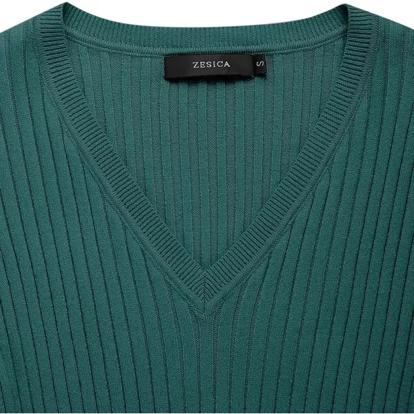 ZESICA Womens 2024 Fall Sweater Dress V Neck Long Sleeve Ribbed Knit Tie Waist Slim Fit Bodycon Midi DressesDarkgreen