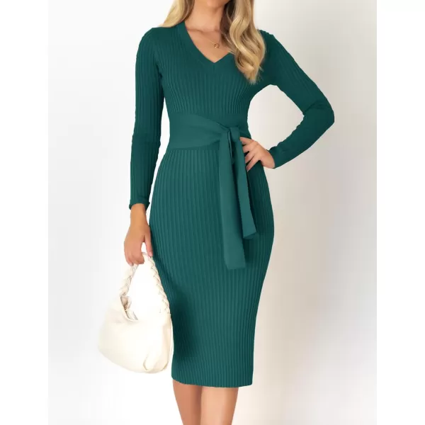 ZESICA Womens 2024 Fall Sweater Dress V Neck Long Sleeve Ribbed Knit Tie Waist Slim Fit Bodycon Midi DressesDarkgreen