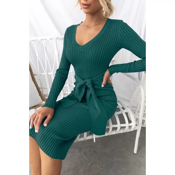 ZESICA Womens 2024 Fall Sweater Dress V Neck Long Sleeve Ribbed Knit Tie Waist Slim Fit Bodycon Midi DressesDarkgreen