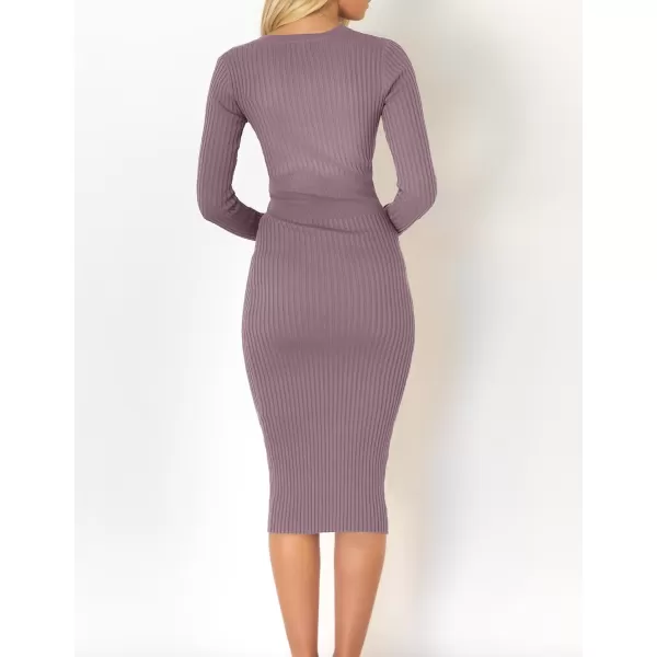 ZESICA Womens 2024 Fall Sweater Dress V Neck Long Sleeve Ribbed Knit Tie Waist Slim Fit Bodycon Midi DressesDarkviolet