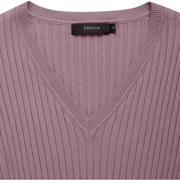 ZESICA Womens 2024 Fall Sweater Dress V Neck Long Sleeve Ribbed Knit Tie Waist Slim Fit Bodycon Midi DressesDarkviolet
