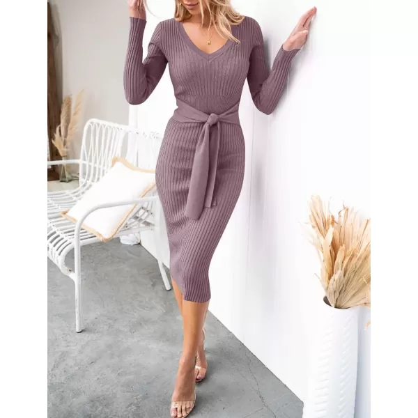 ZESICA Womens 2024 Fall Sweater Dress V Neck Long Sleeve Ribbed Knit Tie Waist Slim Fit Bodycon Midi DressesDarkviolet