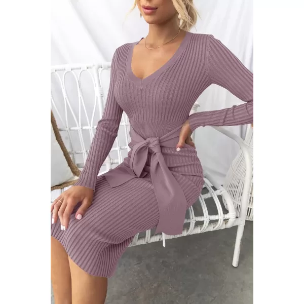 ZESICA Womens 2024 Fall Sweater Dress V Neck Long Sleeve Ribbed Knit Tie Waist Slim Fit Bodycon Midi DressesDarkviolet