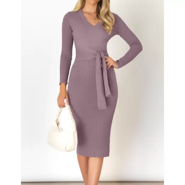 ZESICA Womens 2024 Fall Sweater Dress V Neck Long Sleeve Ribbed Knit Tie Waist Slim Fit Bodycon Midi DressesDarkviolet