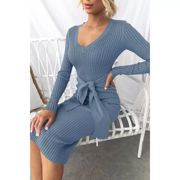 ZESICA Womens 2024 Fall Sweater Dress V Neck Long Sleeve Ribbed Knit Tie Waist Slim Fit Bodycon Midi DressesDustyblue
