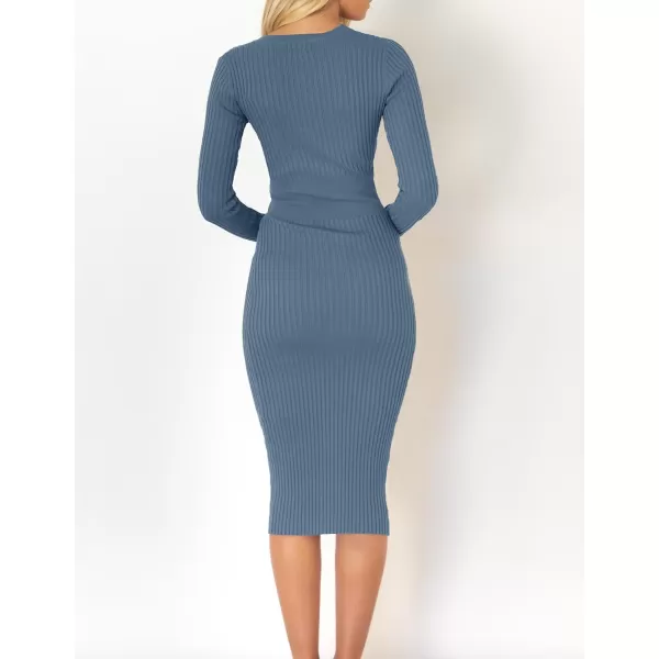 ZESICA Womens 2024 Fall Sweater Dress V Neck Long Sleeve Ribbed Knit Tie Waist Slim Fit Bodycon Midi DressesDustyblue