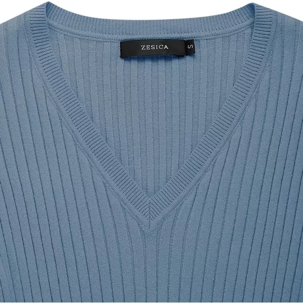 ZESICA Womens 2024 Fall Sweater Dress V Neck Long Sleeve Ribbed Knit Tie Waist Slim Fit Bodycon Midi DressesDustyblue