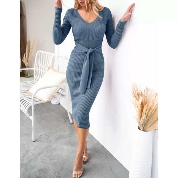 ZESICA Womens 2024 Fall Sweater Dress V Neck Long Sleeve Ribbed Knit Tie Waist Slim Fit Bodycon Midi DressesDustyblue