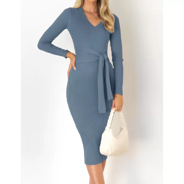 ZESICA Womens 2024 Fall Sweater Dress V Neck Long Sleeve Ribbed Knit Tie Waist Slim Fit Bodycon Midi DressesDustyblue