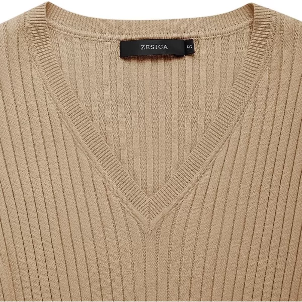 ZESICA Womens 2024 Fall Sweater Dress V Neck Long Sleeve Ribbed Knit Tie Waist Slim Fit Bodycon Midi DressesKhaki