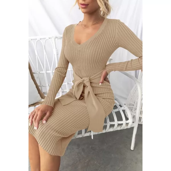 ZESICA Womens 2024 Fall Sweater Dress V Neck Long Sleeve Ribbed Knit Tie Waist Slim Fit Bodycon Midi DressesKhaki