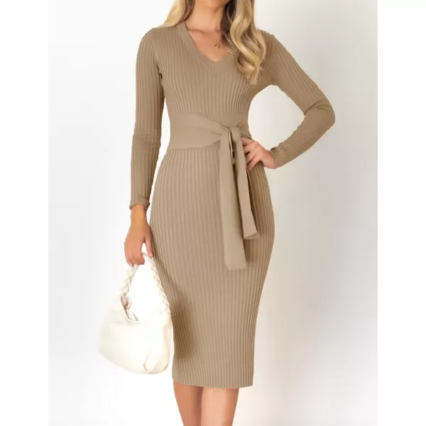 ZESICA Womens 2024 Fall Sweater Dress V Neck Long Sleeve Ribbed Knit Tie Waist Slim Fit Bodycon Midi DressesKhaki
