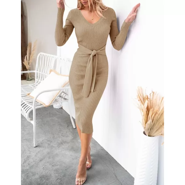 ZESICA Womens 2024 Fall Sweater Dress V Neck Long Sleeve Ribbed Knit Tie Waist Slim Fit Bodycon Midi DressesKhaki