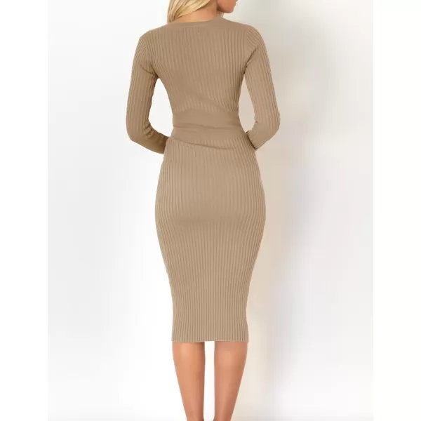 ZESICA Womens 2024 Fall Sweater Dress V Neck Long Sleeve Ribbed Knit Tie Waist Slim Fit Bodycon Midi DressesKhaki