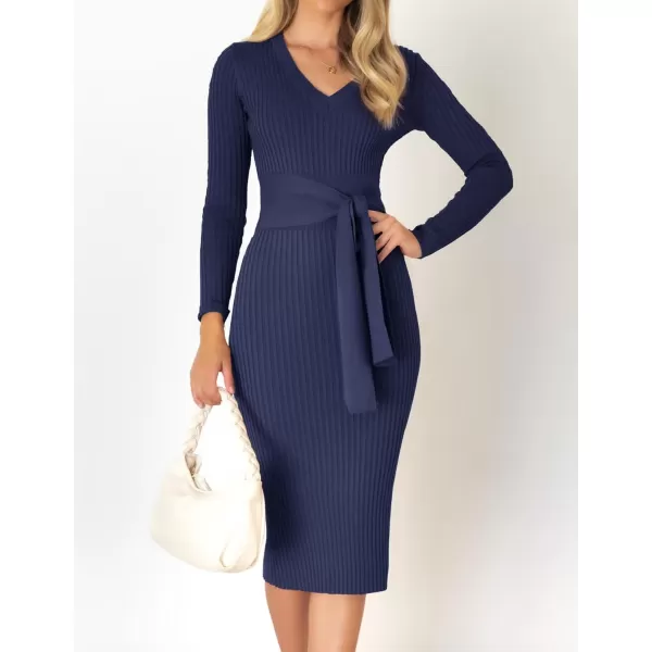 ZESICA Womens 2024 Fall Sweater Dress V Neck Long Sleeve Ribbed Knit Tie Waist Slim Fit Bodycon Midi DressesNavy