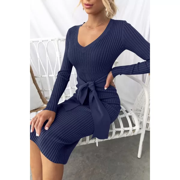 ZESICA Womens 2024 Fall Sweater Dress V Neck Long Sleeve Ribbed Knit Tie Waist Slim Fit Bodycon Midi DressesNavy