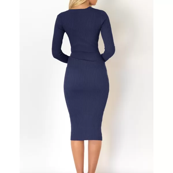 ZESICA Womens 2024 Fall Sweater Dress V Neck Long Sleeve Ribbed Knit Tie Waist Slim Fit Bodycon Midi DressesNavy