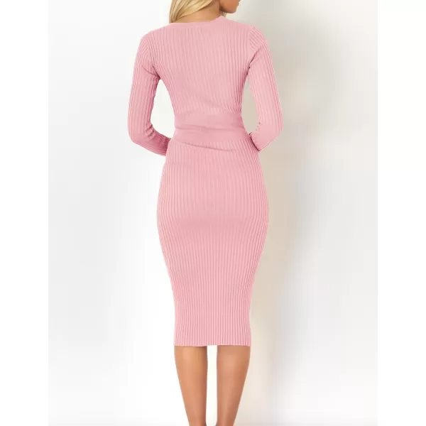 ZESICA Womens 2024 Fall Sweater Dress V Neck Long Sleeve Ribbed Knit Tie Waist Slim Fit Bodycon Midi DressesPink