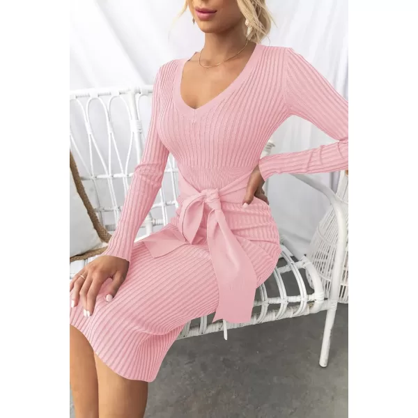 ZESICA Womens 2024 Fall Sweater Dress V Neck Long Sleeve Ribbed Knit Tie Waist Slim Fit Bodycon Midi DressesPink