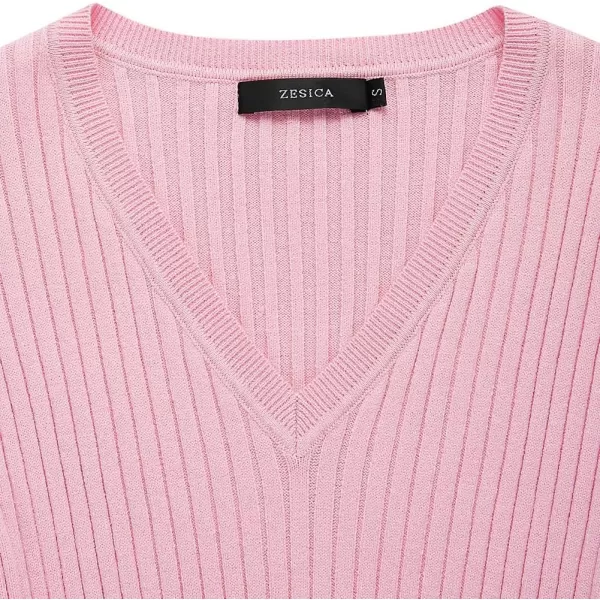 ZESICA Womens 2024 Fall Sweater Dress V Neck Long Sleeve Ribbed Knit Tie Waist Slim Fit Bodycon Midi DressesPink
