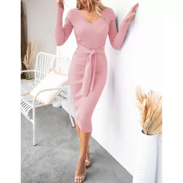 ZESICA Womens 2024 Fall Sweater Dress V Neck Long Sleeve Ribbed Knit Tie Waist Slim Fit Bodycon Midi DressesPink