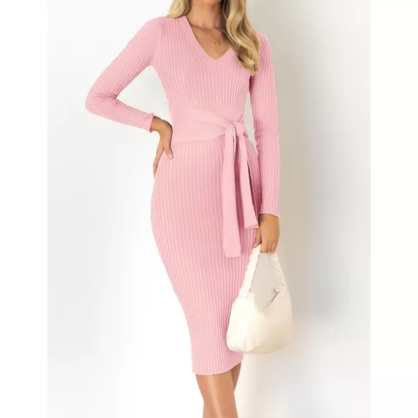 ZESICA Womens 2024 Fall Sweater Dress V Neck Long Sleeve Ribbed Knit Tie Waist Slim Fit Bodycon Midi DressesPink