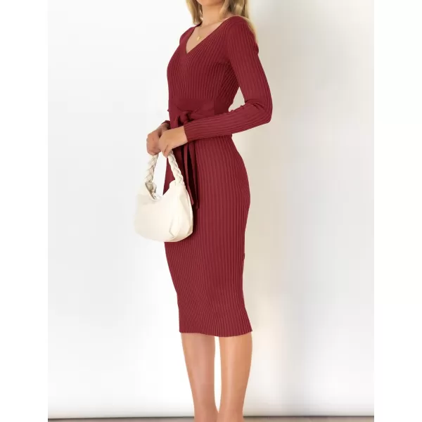 ZESICA Womens 2024 Fall Sweater Dress V Neck Long Sleeve Ribbed Knit Tie Waist Slim Fit Bodycon Midi DressesRed