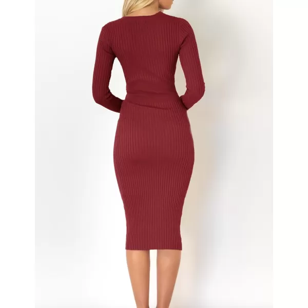 ZESICA Womens 2024 Fall Sweater Dress V Neck Long Sleeve Ribbed Knit Tie Waist Slim Fit Bodycon Midi DressesRed