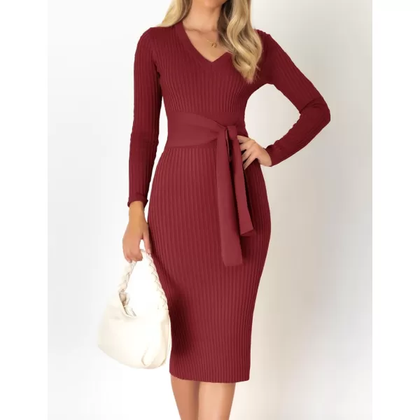 ZESICA Womens 2024 Fall Sweater Dress V Neck Long Sleeve Ribbed Knit Tie Waist Slim Fit Bodycon Midi DressesRed
