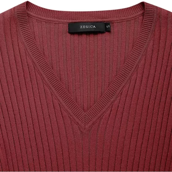 ZESICA Womens 2024 Fall Sweater Dress V Neck Long Sleeve Ribbed Knit Tie Waist Slim Fit Bodycon Midi DressesRed