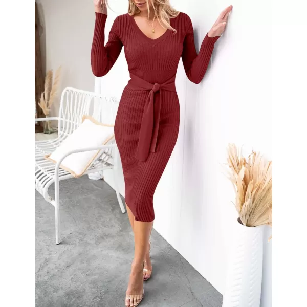 ZESICA Womens 2024 Fall Sweater Dress V Neck Long Sleeve Ribbed Knit Tie Waist Slim Fit Bodycon Midi DressesRed