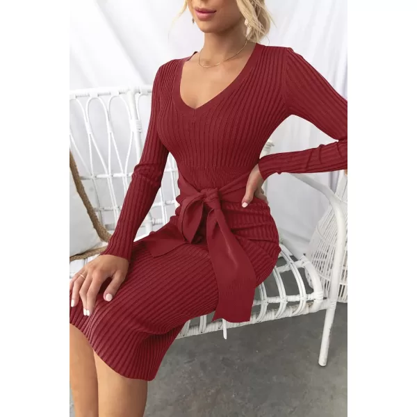 ZESICA Womens 2024 Fall Sweater Dress V Neck Long Sleeve Ribbed Knit Tie Waist Slim Fit Bodycon Midi DressesRed