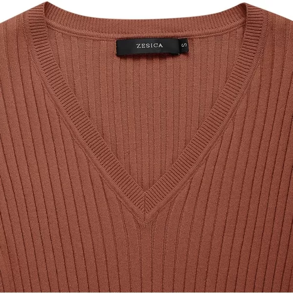 ZESICA Womens 2024 Fall Sweater Dress V Neck Long Sleeve Ribbed Knit Tie Waist Slim Fit Bodycon Midi DressesRedbrown