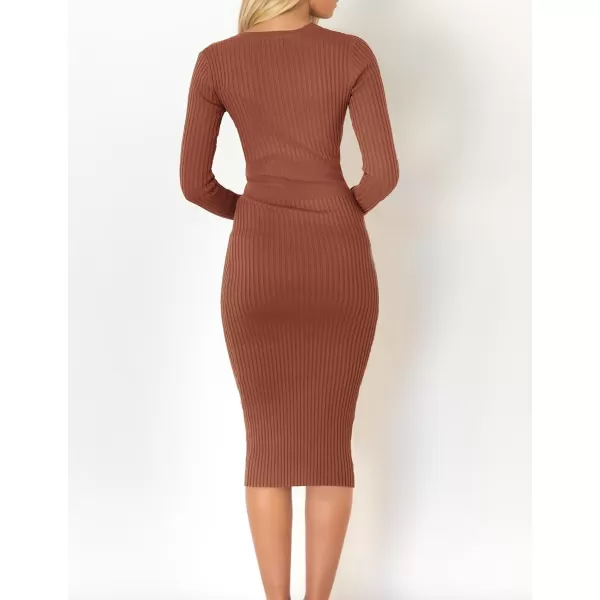 ZESICA Womens 2024 Fall Sweater Dress V Neck Long Sleeve Ribbed Knit Tie Waist Slim Fit Bodycon Midi DressesRedbrown