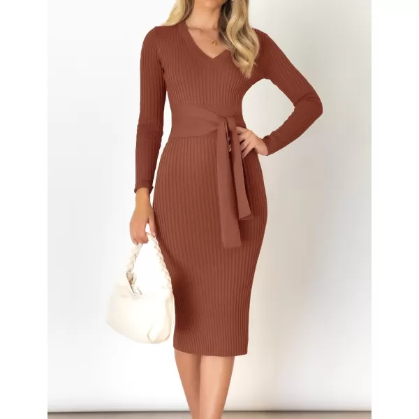 ZESICA Womens 2024 Fall Sweater Dress V Neck Long Sleeve Ribbed Knit Tie Waist Slim Fit Bodycon Midi DressesRedbrown