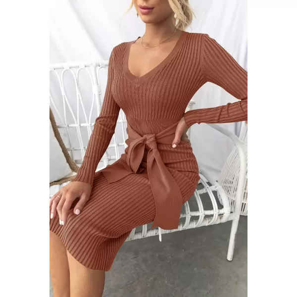 ZESICA Womens 2024 Fall Sweater Dress V Neck Long Sleeve Ribbed Knit Tie Waist Slim Fit Bodycon Midi DressesRedbrown